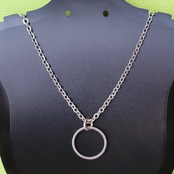 CIRCLE Stainless Steel Charm Chain Necklace 18" Minimalist 14mm round - Picture 8 of 16